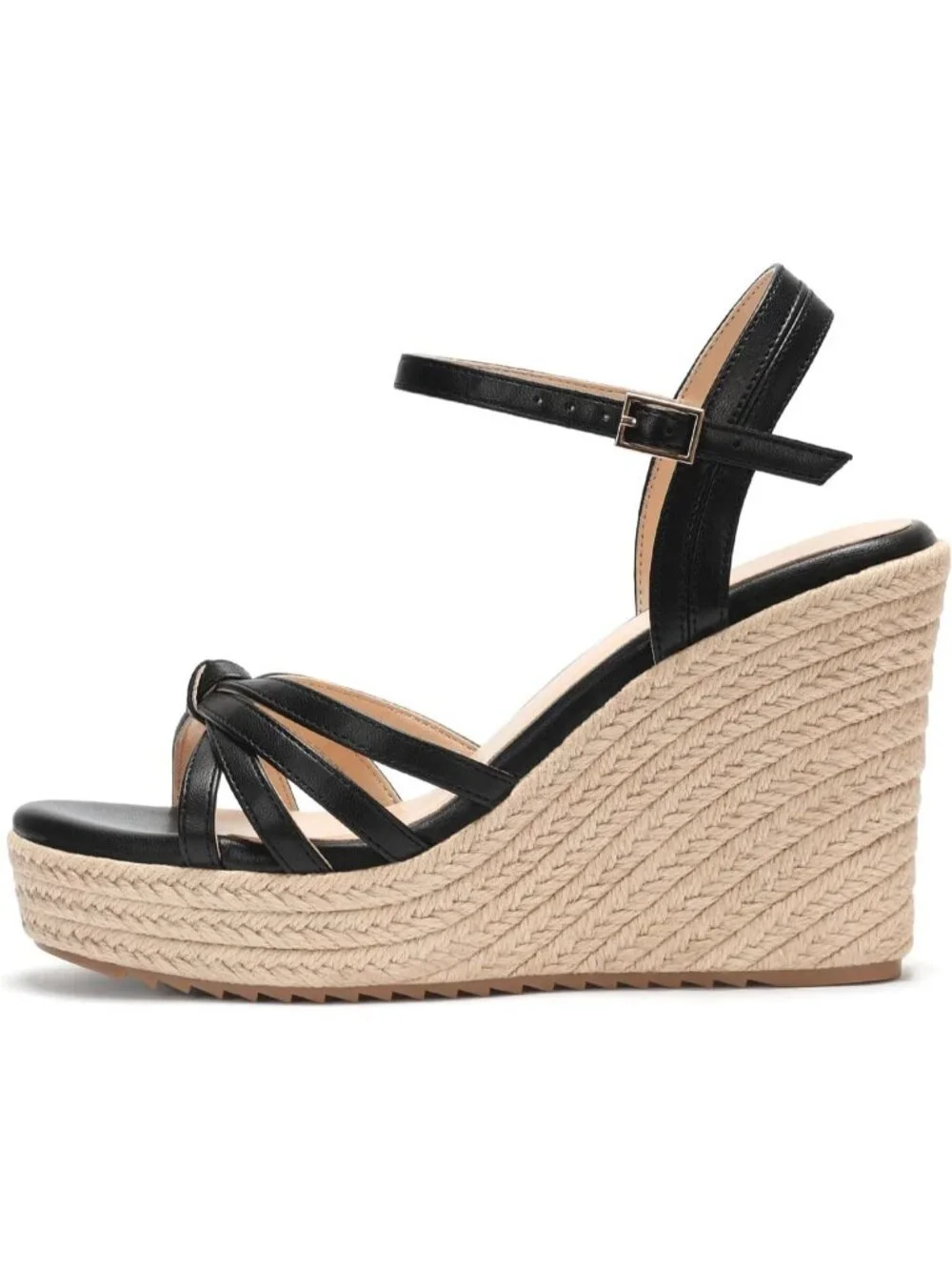 Women's Black PU Platform Espadrille Wedge Sandals Open Toe Ankle Strap Heels